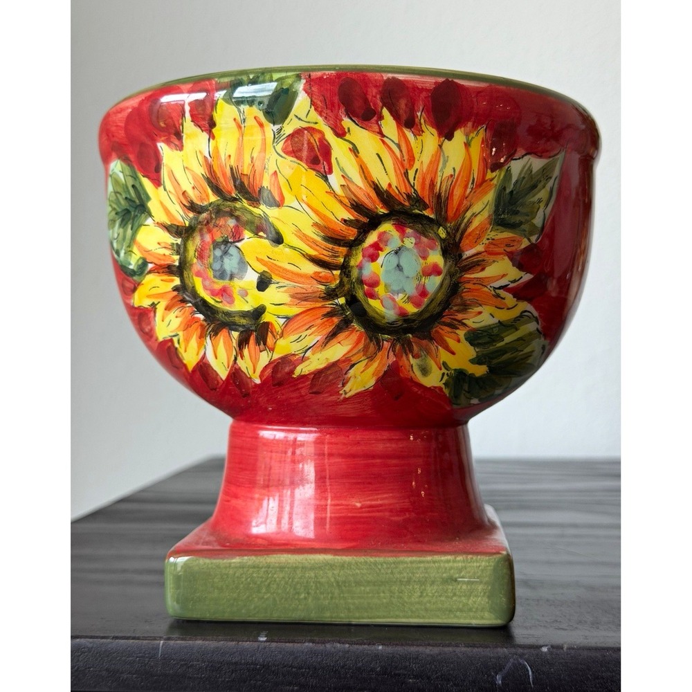 Ceramic Pedestal Bowl Sunflower Floral Glossy Red Yellow Green White 7" Round